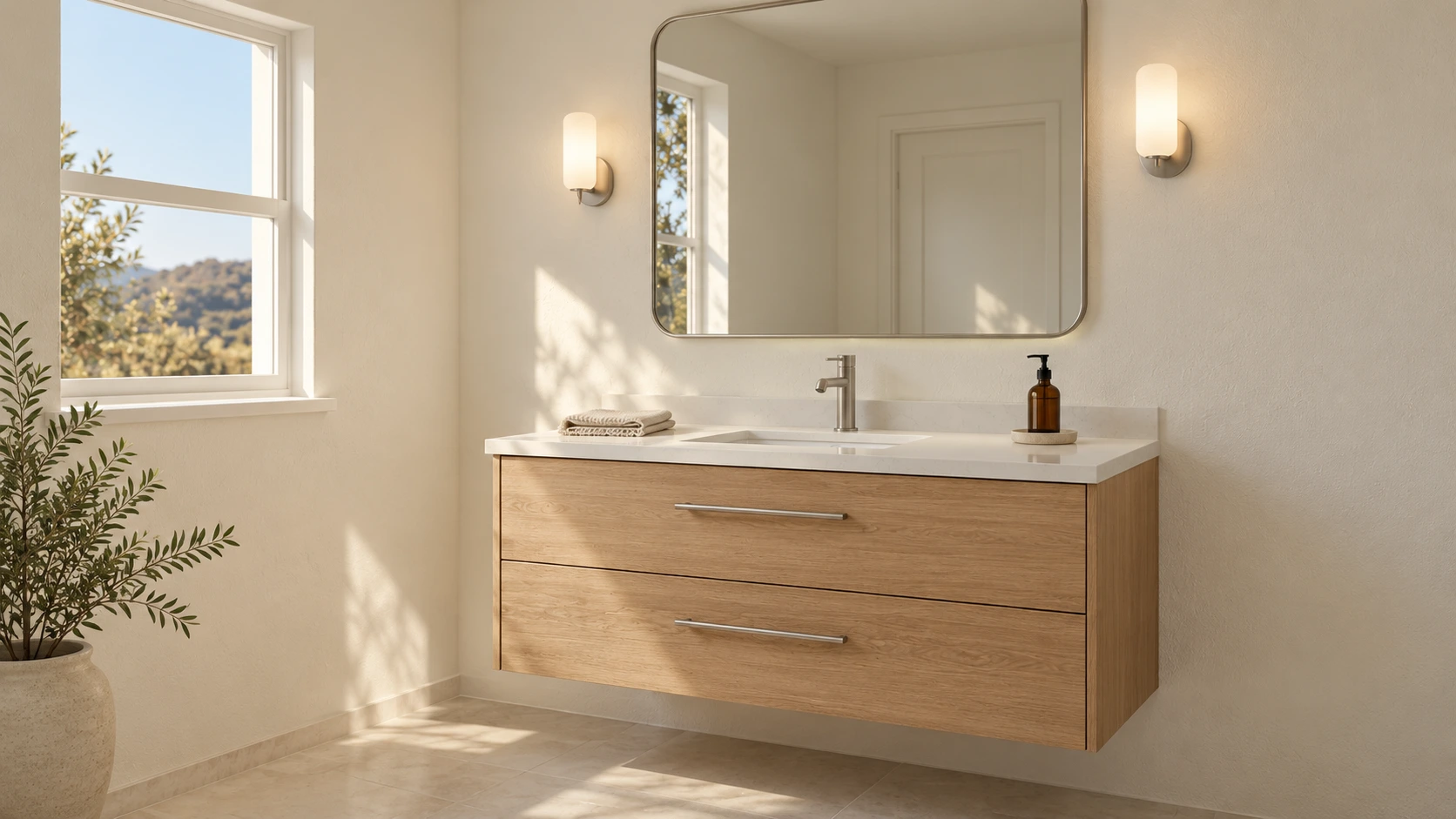 Bathroom after: floating oak vanity with an undermount sink and a large rounded rectangular mirror