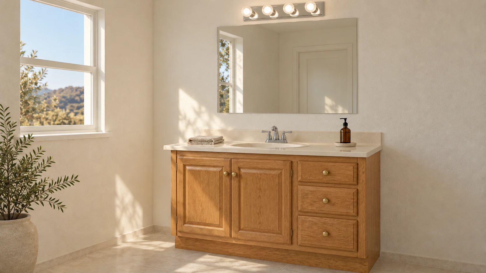 Bathroom before: oak vanity with a cultured marble top