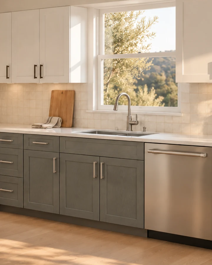Sink wall after: Smoke lower cabinets and white uppers
