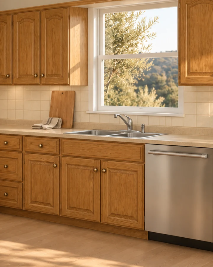 Sink wall before: honey oak cabinets