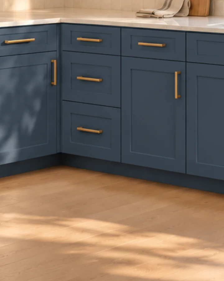 Cabinet doors and drawers after: Blue shaker with brass pulls