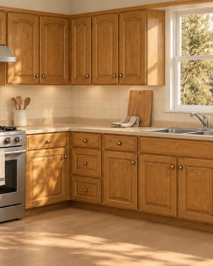 Corner cabinets before: honey oak