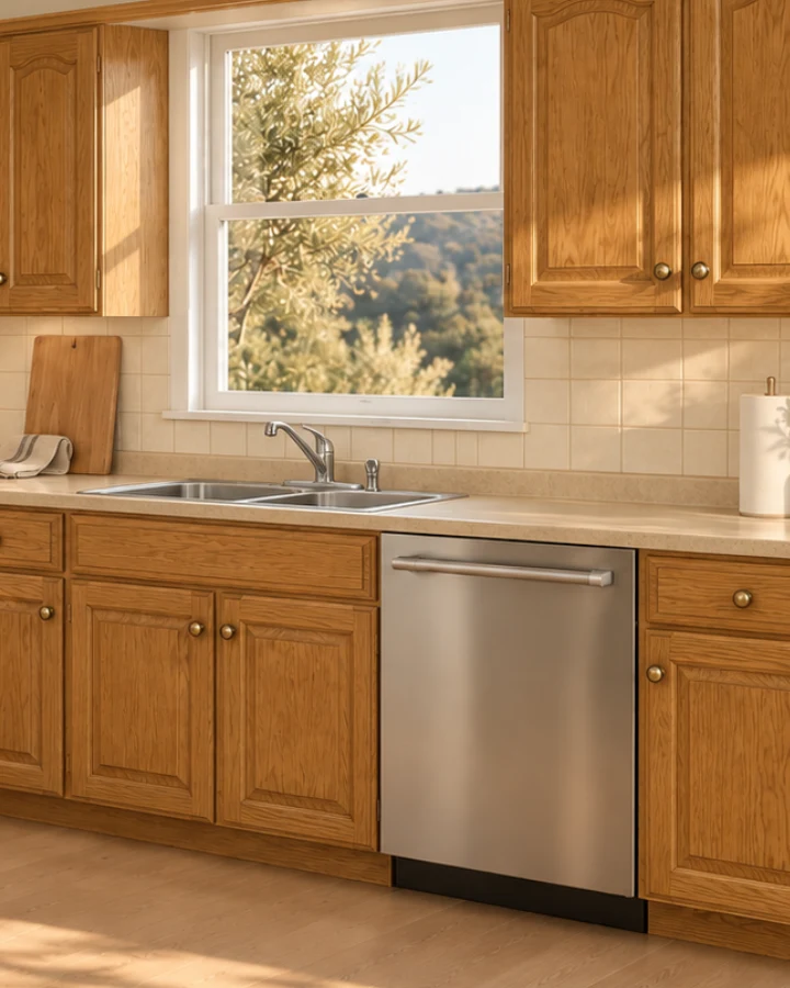 Sink wall before: honey oak cabinets